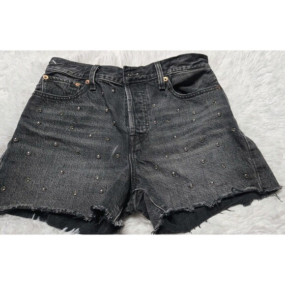 Levi's Black Denim Rhinestone Button Up High-Rise Wedgie Hot Shorts Size 29 - Picture 3 of 12